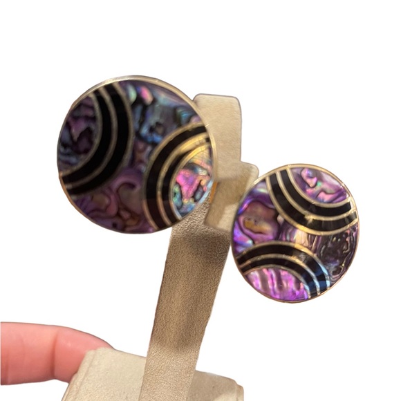 Vintage Purple Abalone inlay Alpaca round earrings pierced mexico black onyx - Picture 5 of 6